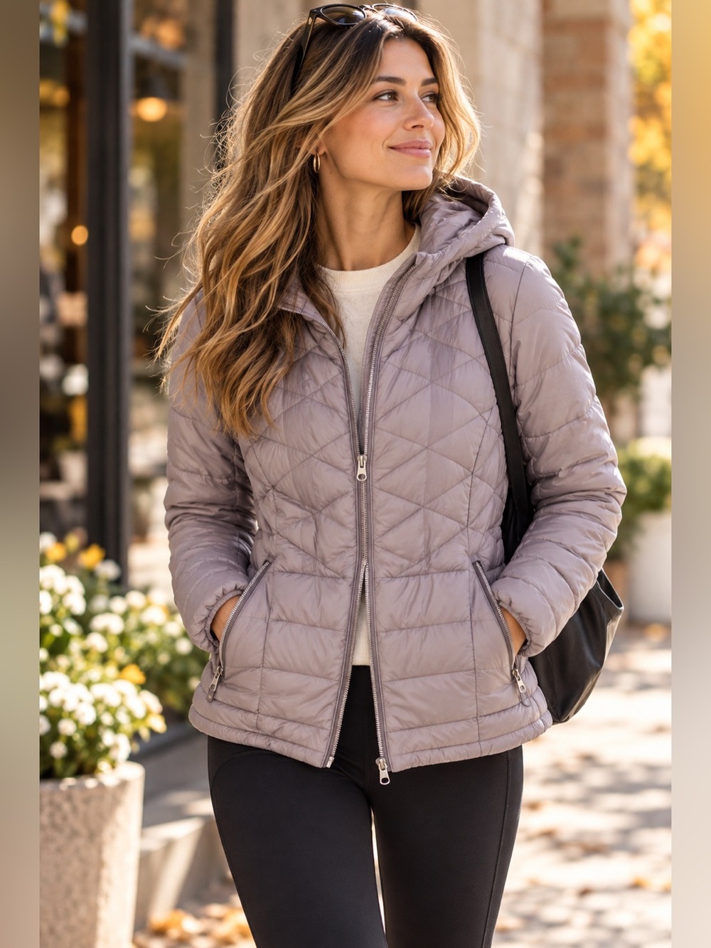 Athleta Goose Down Hooded Puffer Jacket Mauve Gray Medium M